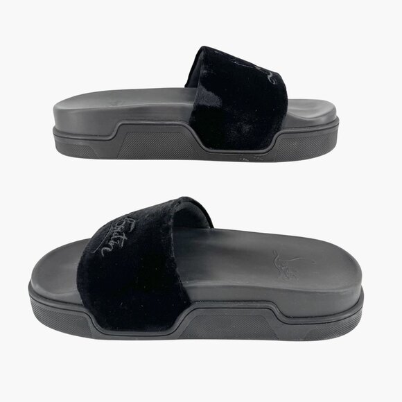 Christian Louboutin 'Navy Pool' Slide Sandals Size 37 US 7 Black Velvet Logo 27 - Picture 10 of 12